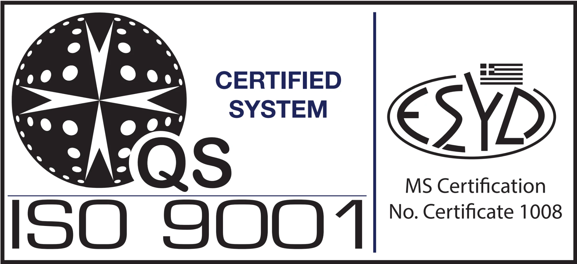 Sistema certificato ISO 9001 - ESYD, certificato n. 1008
